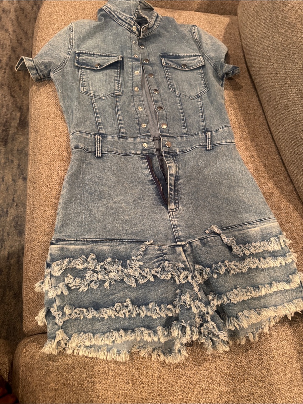 Frayed Hem Light Wash Denim Romper